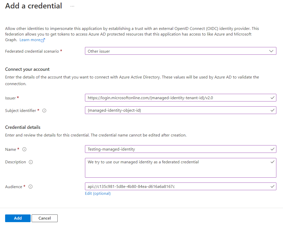 Add federated credential on Azure portal